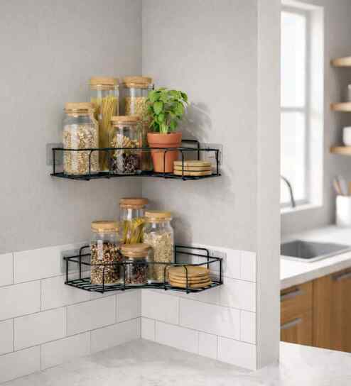 Pack Of 2 Self-Adhesive Black Metal Corner Storage Rack