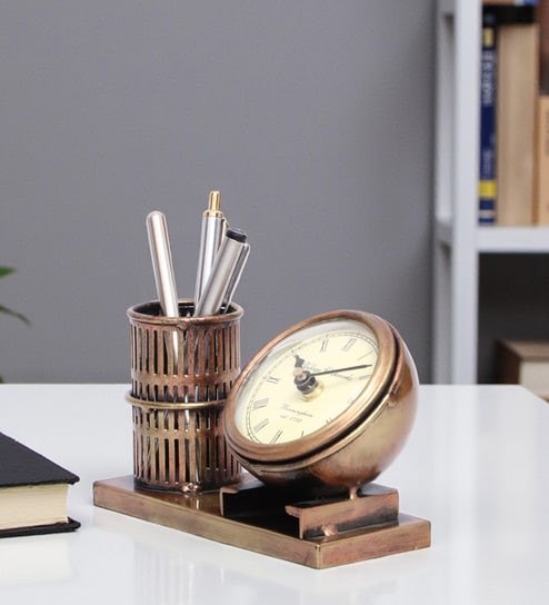 Metal Pen Stand With Analog Clock Antique Pen Stand