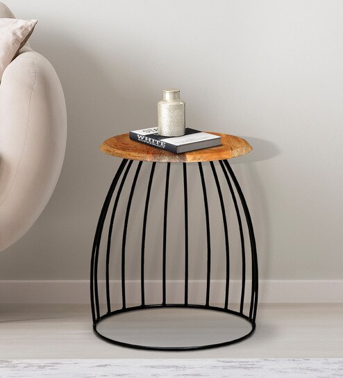 Metalico Round End Table In Natural & Black Colour