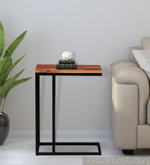 Metalico Solid Wood C Shaped Table In Natural Finish