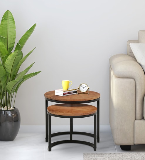 Metalico Solid Wood Nest Of Tables In Natural Finish