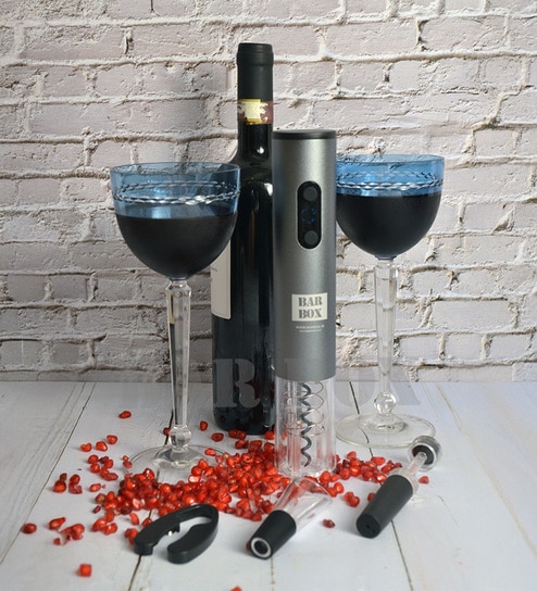 Metallic Finish, Automatic Cordless Electric Wine Opener Corkscrew Set with Foil Cutter (Grey)