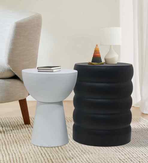 Linea Round End Table In Black & White Finish ( Set Of 2 )