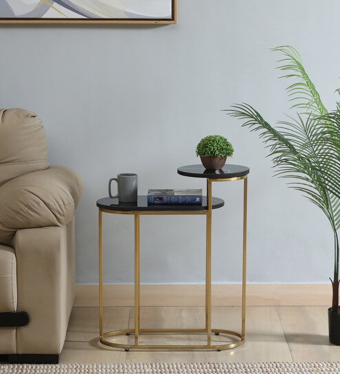 Mette Black Porcelain Top End Table With Gold Finish