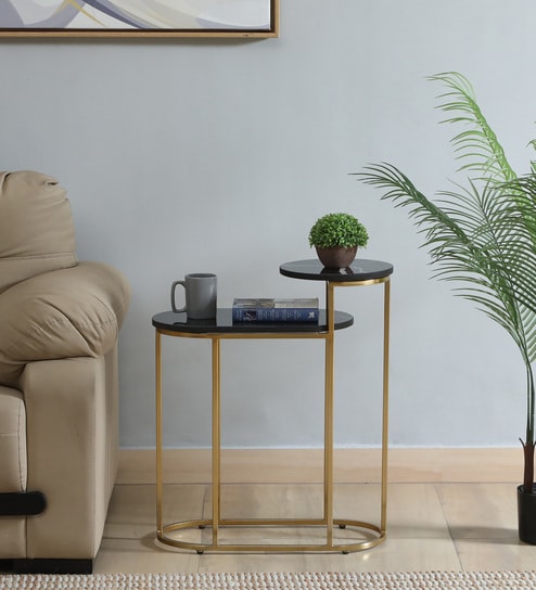 Mette Black Porcelain Top End Table With Gold Finish