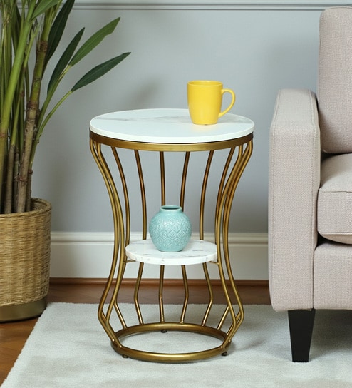 Mette White Porcelain Top End Table With Gold Finish