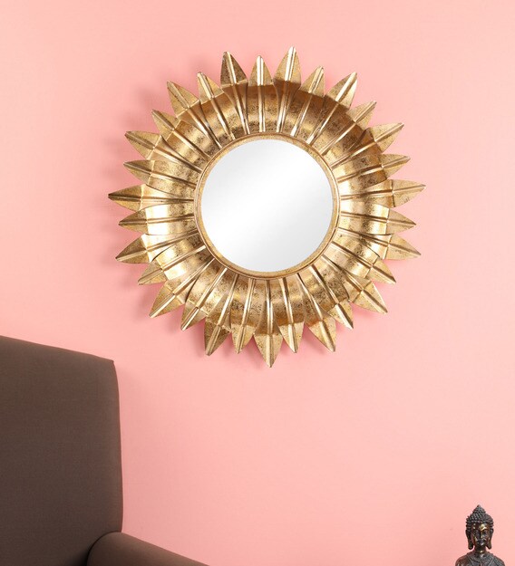 Buy Metal Round Wall Mirror In Gold Colour By Living Ideas Online