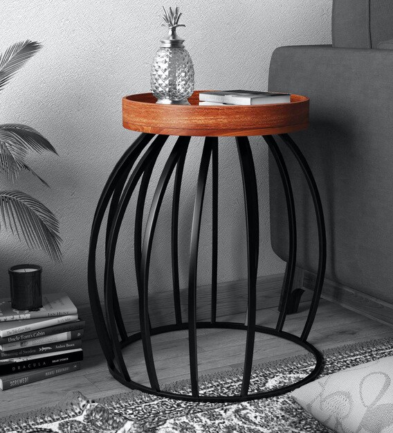 Buy Metalico Round TrayTop End Table In Honey Finish Bohemiana By