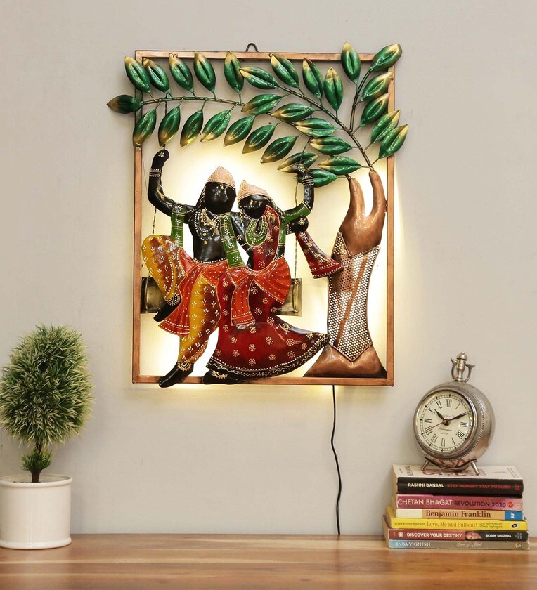 Buy Wrought Iron Lord Krishna Wall Art With LED In Green Brown By
