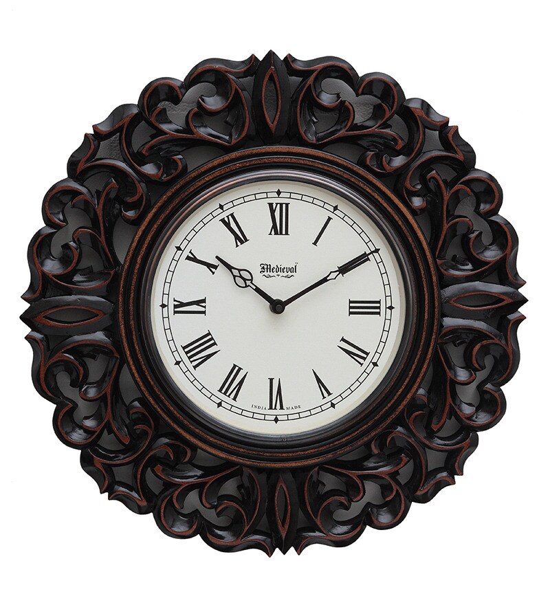Buy Medieval India Round Carved Brown Wood Intricate Work Wall Clock