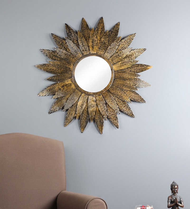 Buy Metal Round Wall Mirror In Gold Colour By Living Ideas Online
