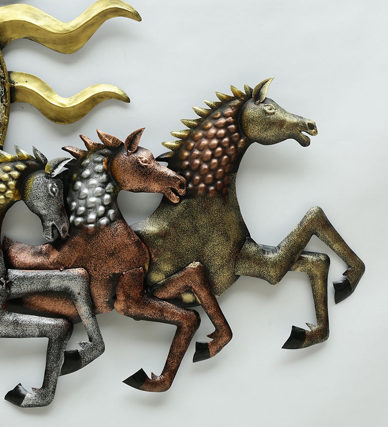 Buy Iron 7 Running Horse Wall Art With LED In Gold By Malik Design