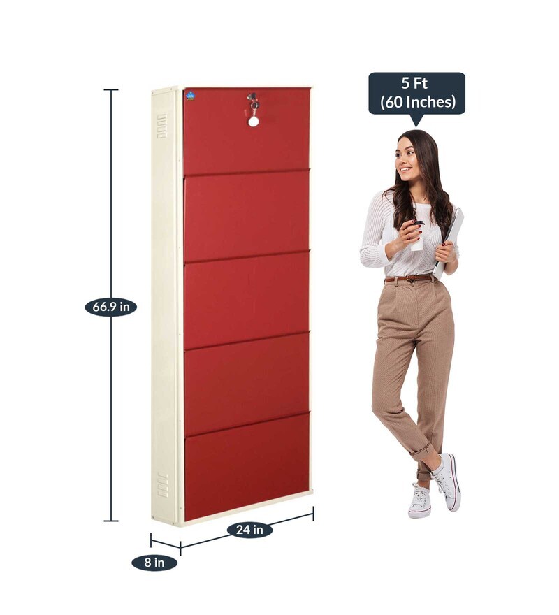 Buy Metallic Metal Tilt Out Shoe Rack in Ivory Brick Red Finish by