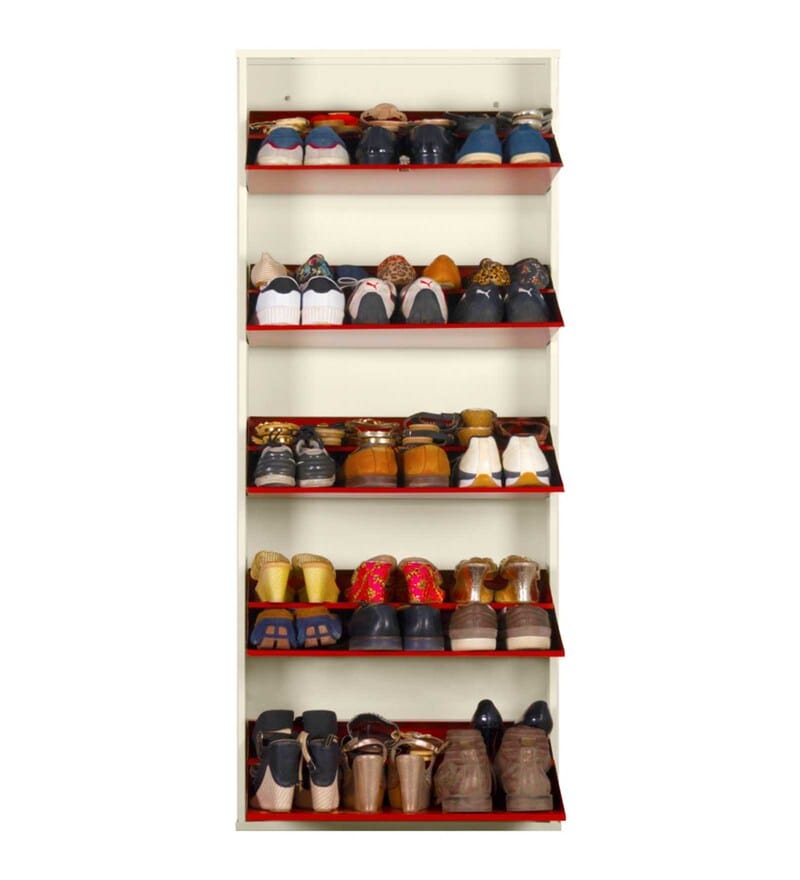 Buy Metallic Metal Tilt Out Shoe Rack in Ivory Brick Red Finish by