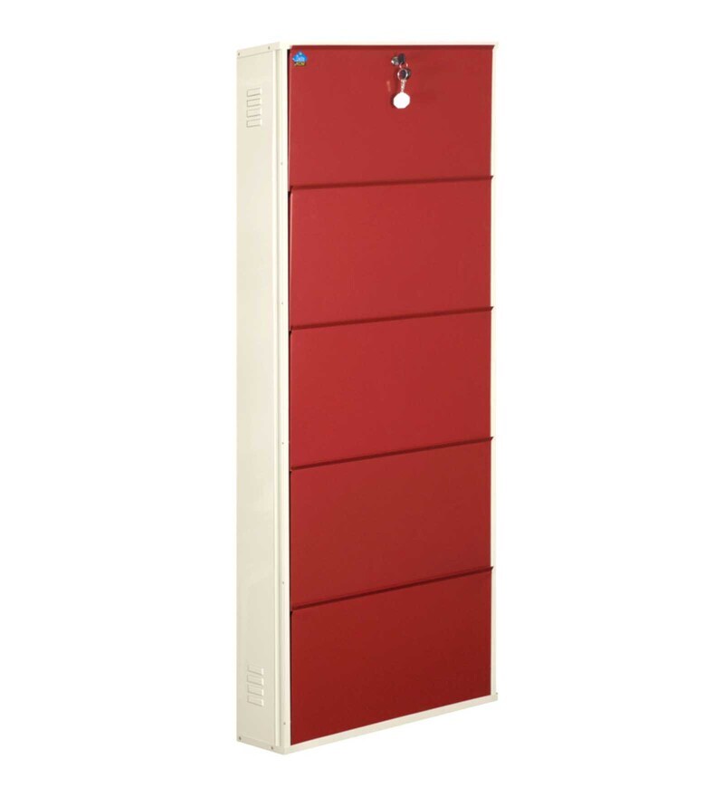 Buy Metallic Metal Tilt Out Shoe Rack in Ivory Brick Red Finish by