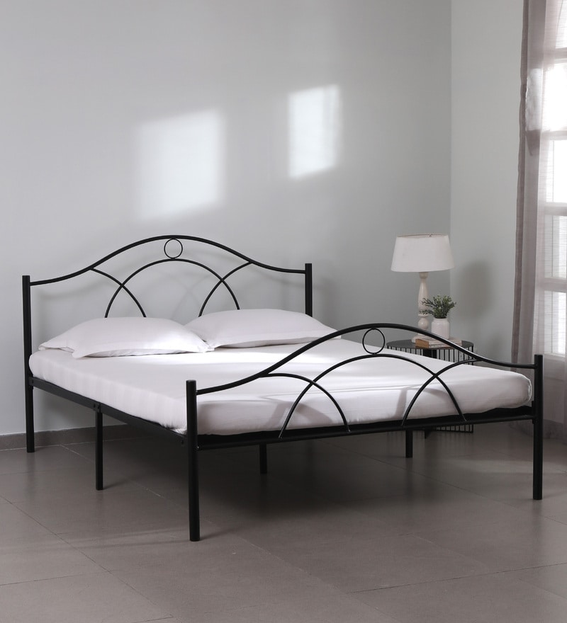 Buy Metallika Metal Queen Size Bed in Black Finish by FurnitureKraft