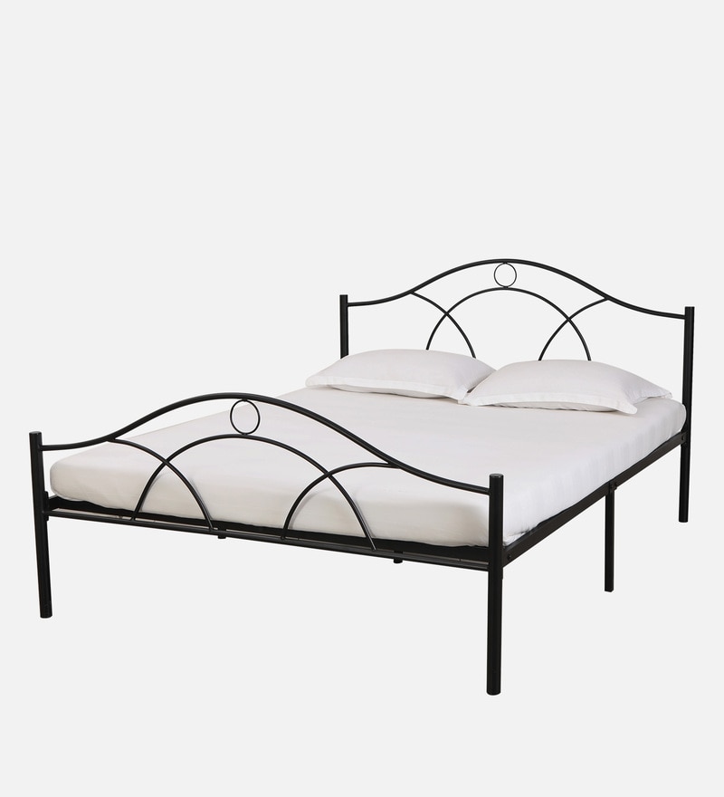 Buy Metallika Metal Queen Size Bed in Black Finish by FurnitureKraft