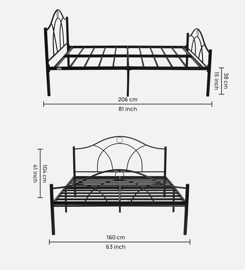 Buy Metallika Metal Queen Size Bed in Black Finish by FurnitureKraft