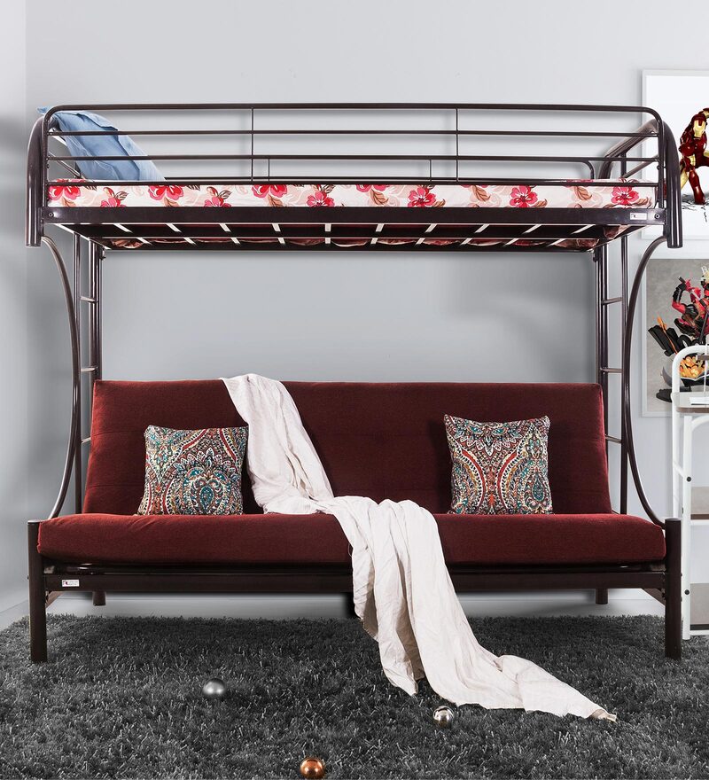 Buy Metallika Metal Bunk Bed in Brown & Red Colour by FurnitureKraft