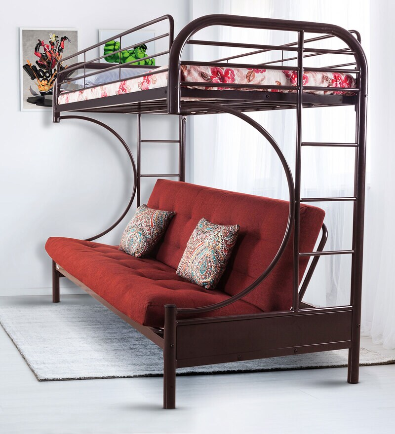 Buy Metallika Metal Bunk Bed in Brown & Red Colour by FurnitureKraft