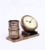 Metal Pen Stand With Analog Clock Antique Pen Stand