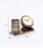 Metal Pen Stand With Analog Clock Antique Pen Stand
