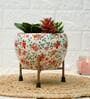 Metal Desk Pot RedFlower Print with stand Set Of 2