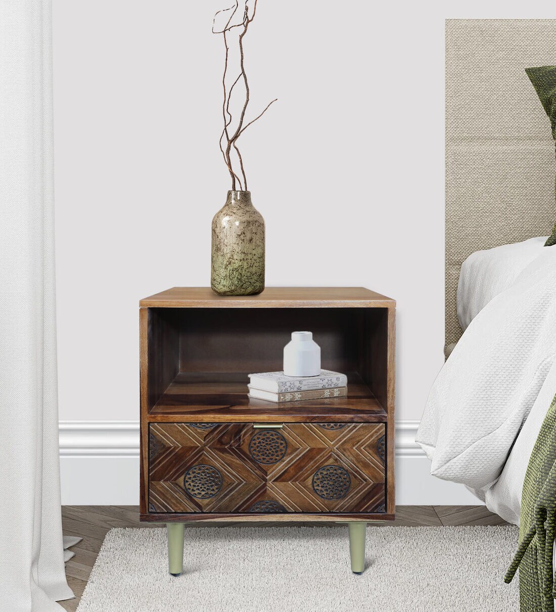 Buy Mitika Solid Wood & Bone Inlay Bedside Table in Mahogany Finish at