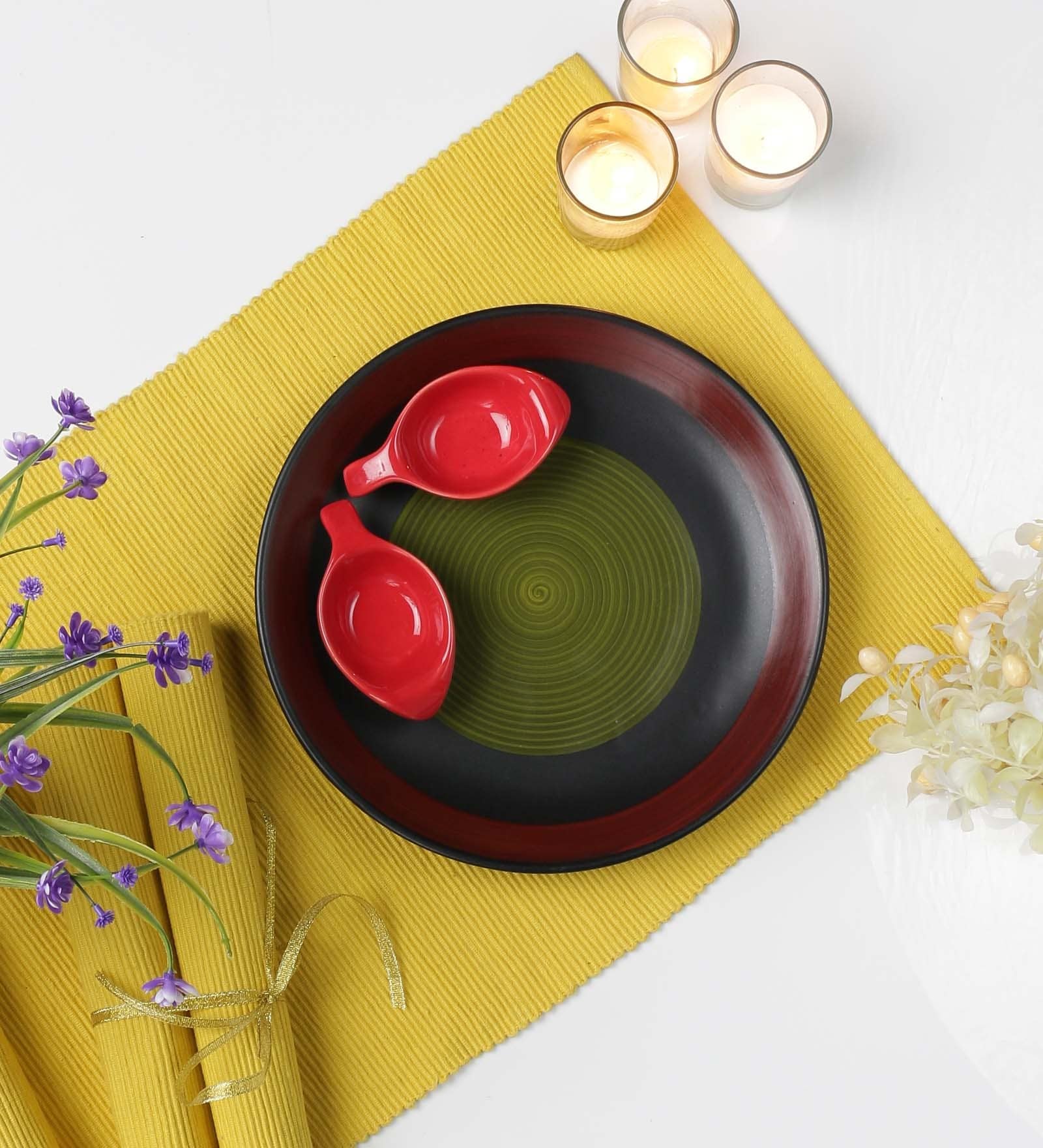 Handcrafted Maroon & Green Ceramic (Set of 3) Appetizer Platter with Dip Bowl