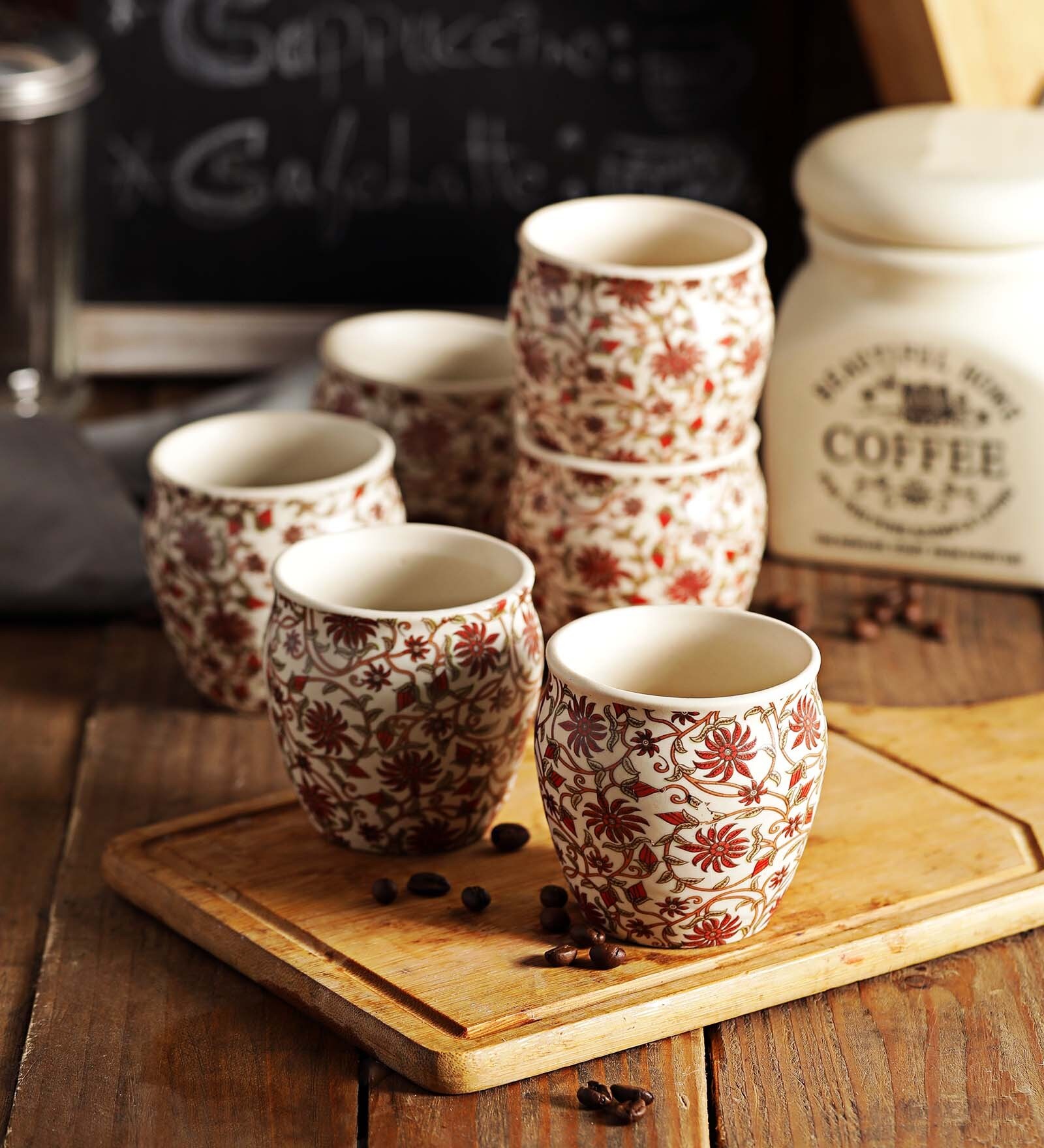 Floral 190ml White & Pink Ceramic (Set of 6) Tea Khullad