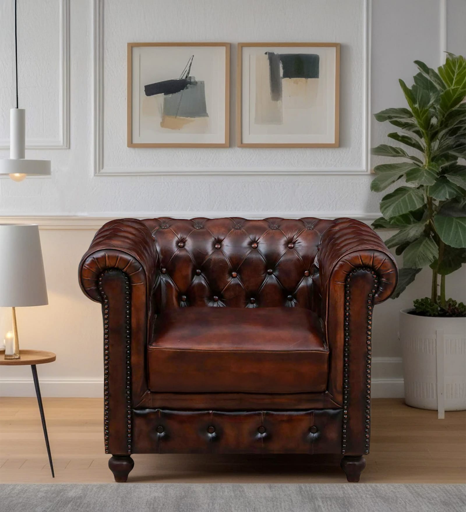 Miceli Leather 1 Seater Sofa In Brown Finish