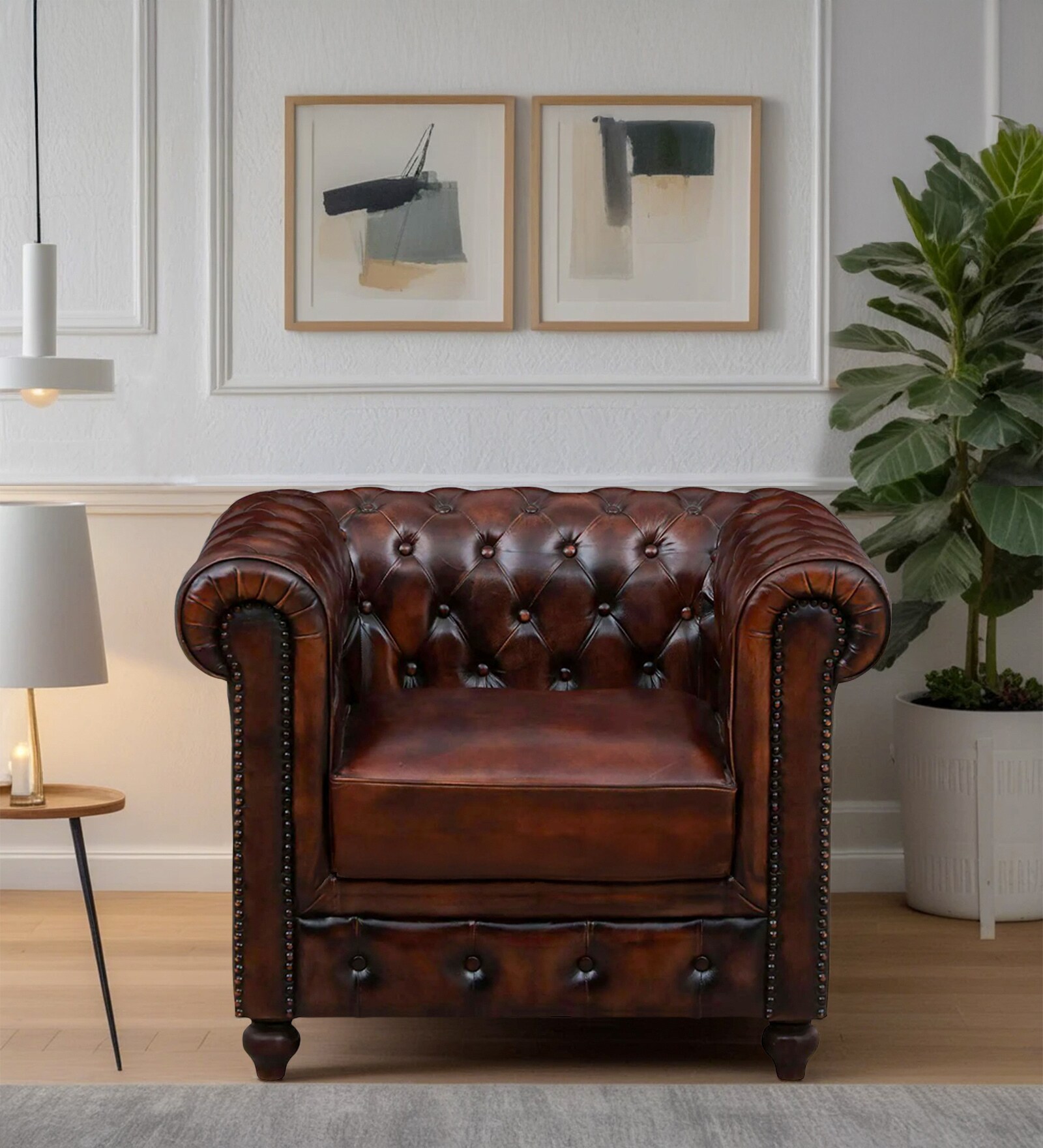 Miceli Leather 1 Seater Sofa In Brown Finish