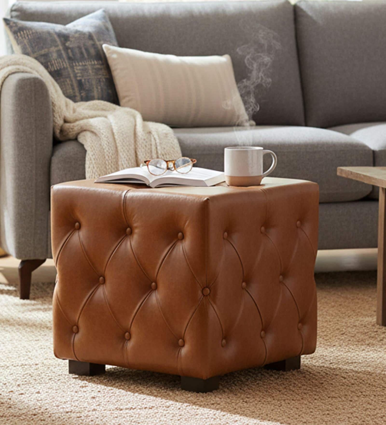 Miceli Leather Pouffe In Tan Finish