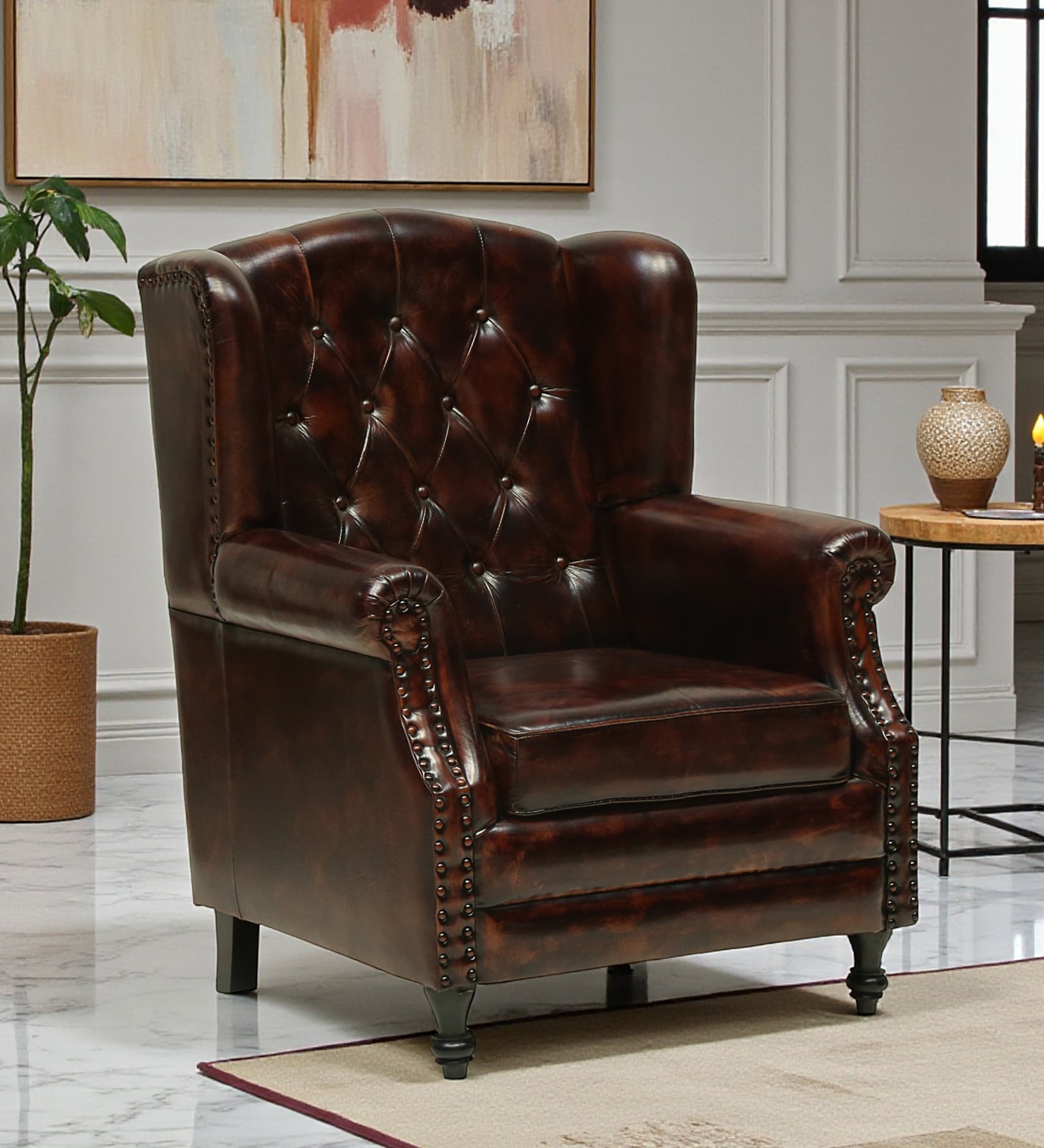 Miceli Leather Wing Chair In Brown Finish