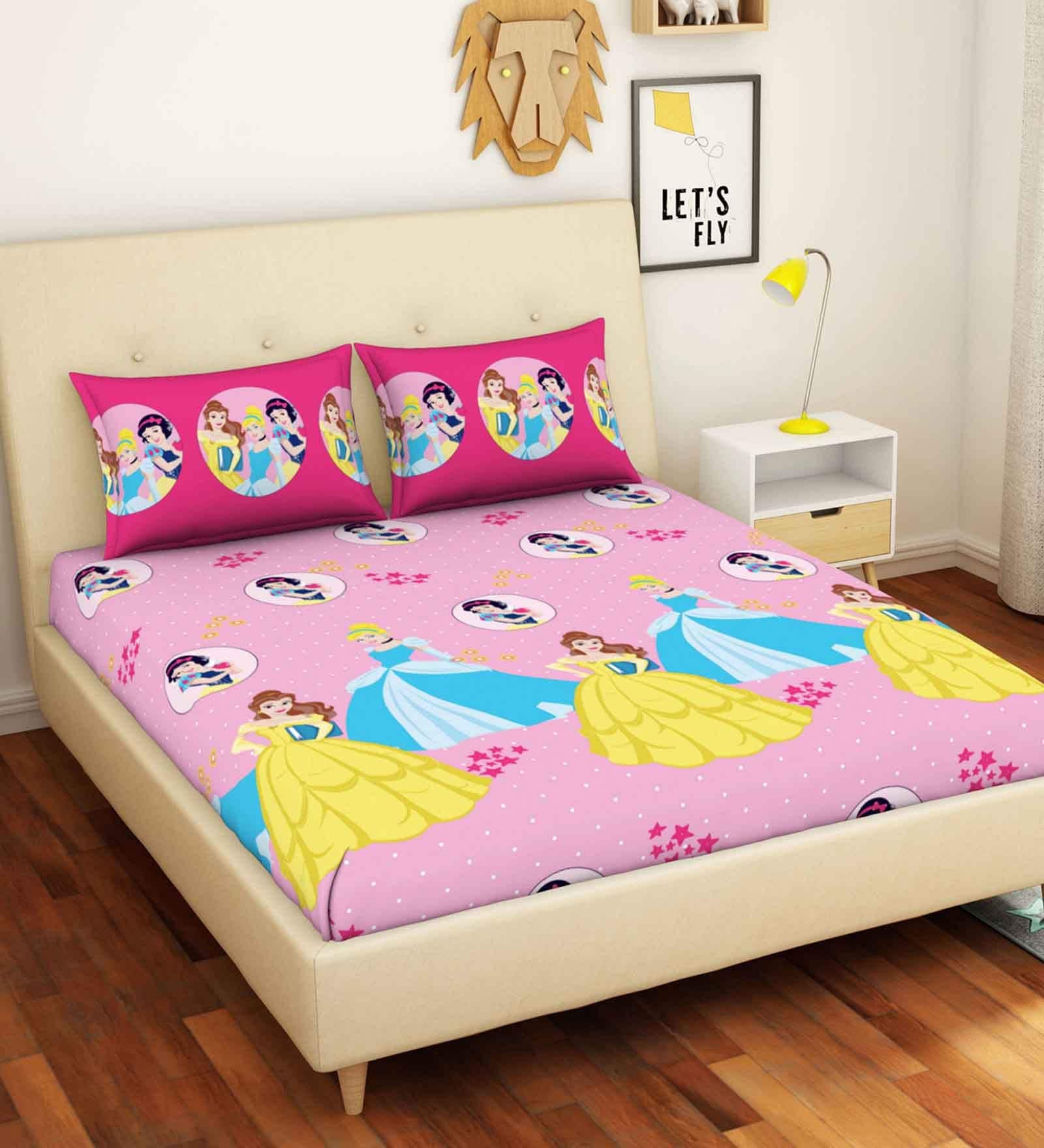 Buy Disney Princesses Themed Double Bedsheet with 2 Pillow Cover in Pink Colour by Spaces at 100 ...
