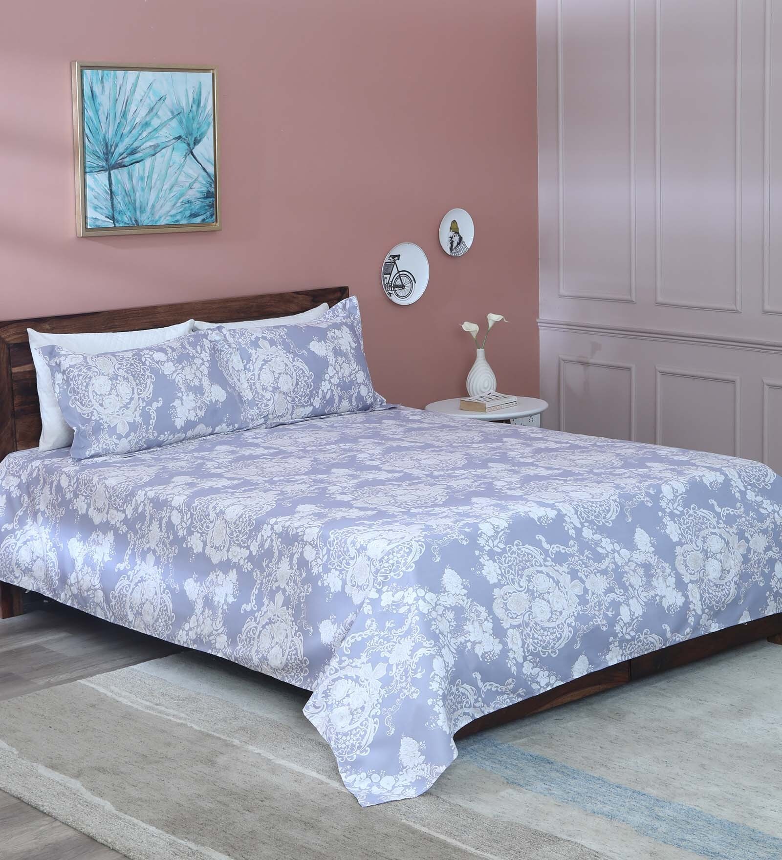 Buy Grey Floral 125 TC Microfiber 1 Double Bedsheet with 2 Pillow ...