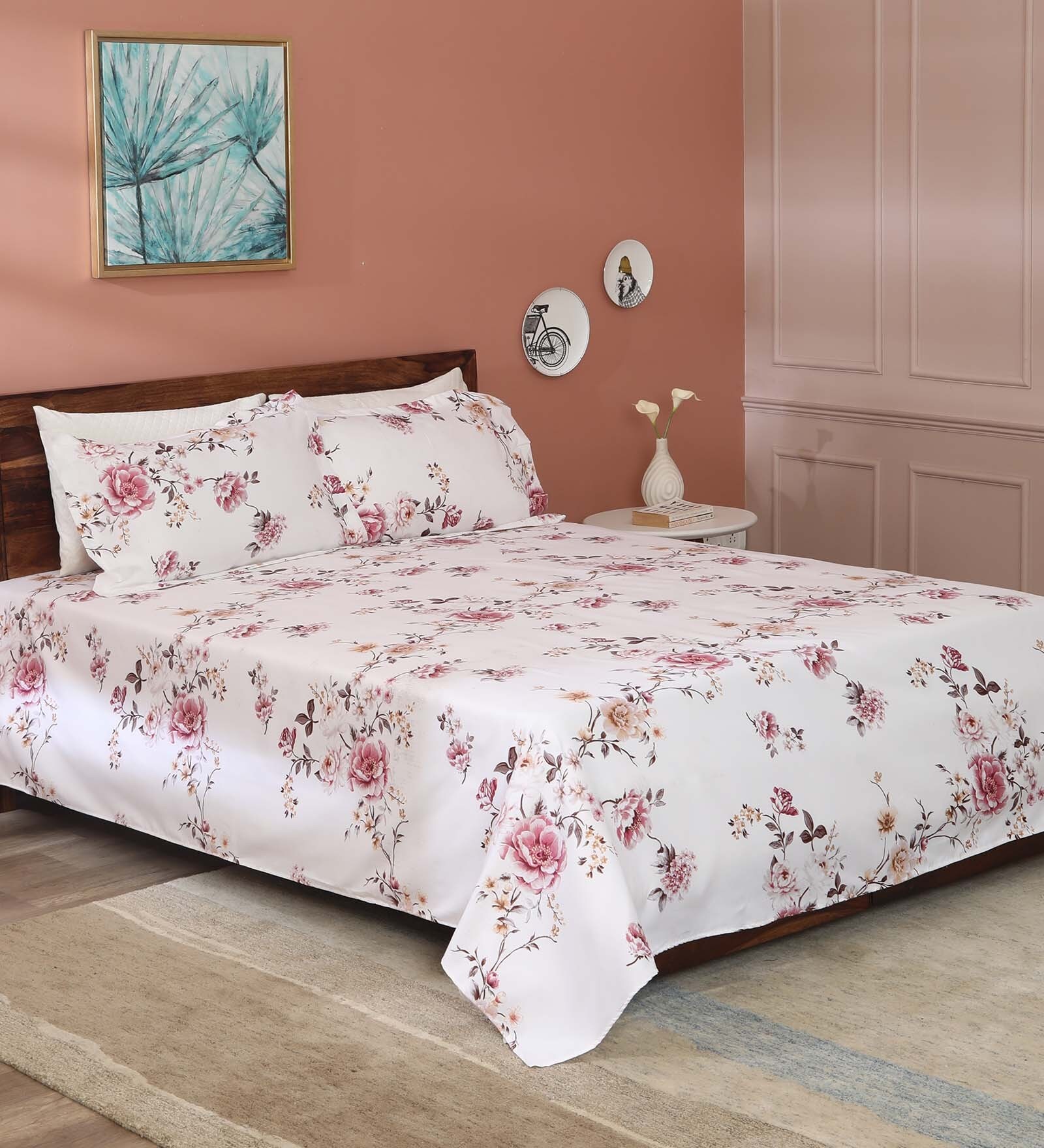 Buy Pink Floral 125 TC Microfiber 1 Double Bedsheet with 2 Pillow ...