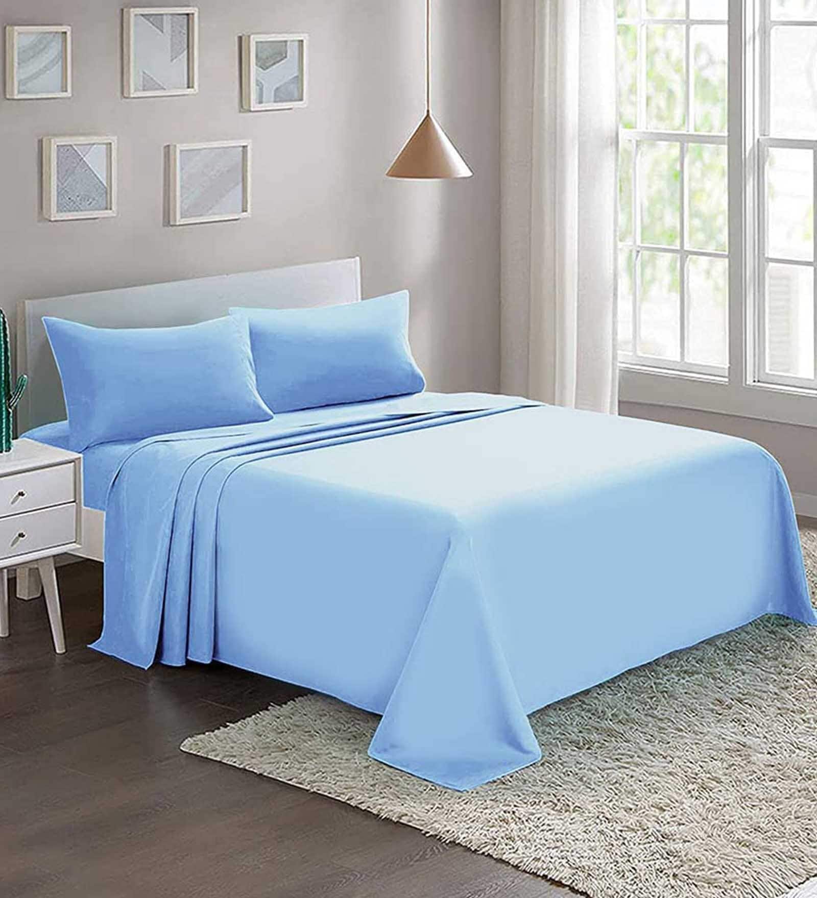 Blue Solid 220 TC Microfiber 1 Double Queen Size Bedsheet with 2 Pillow Covers