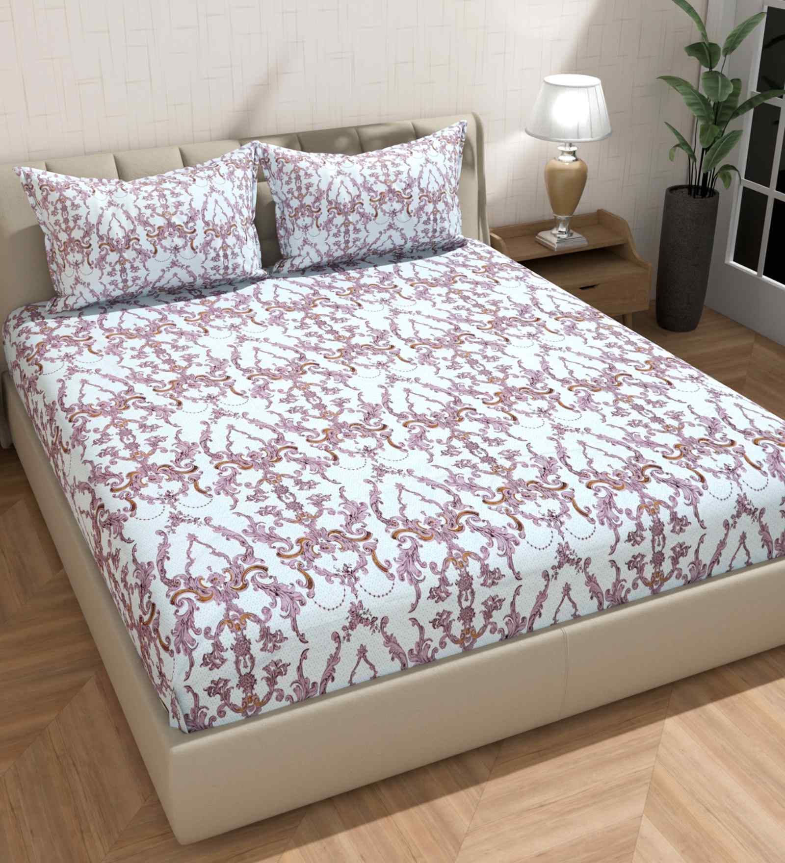 Microfiber Damask Double Bedsheet with 2 Pillow Covers