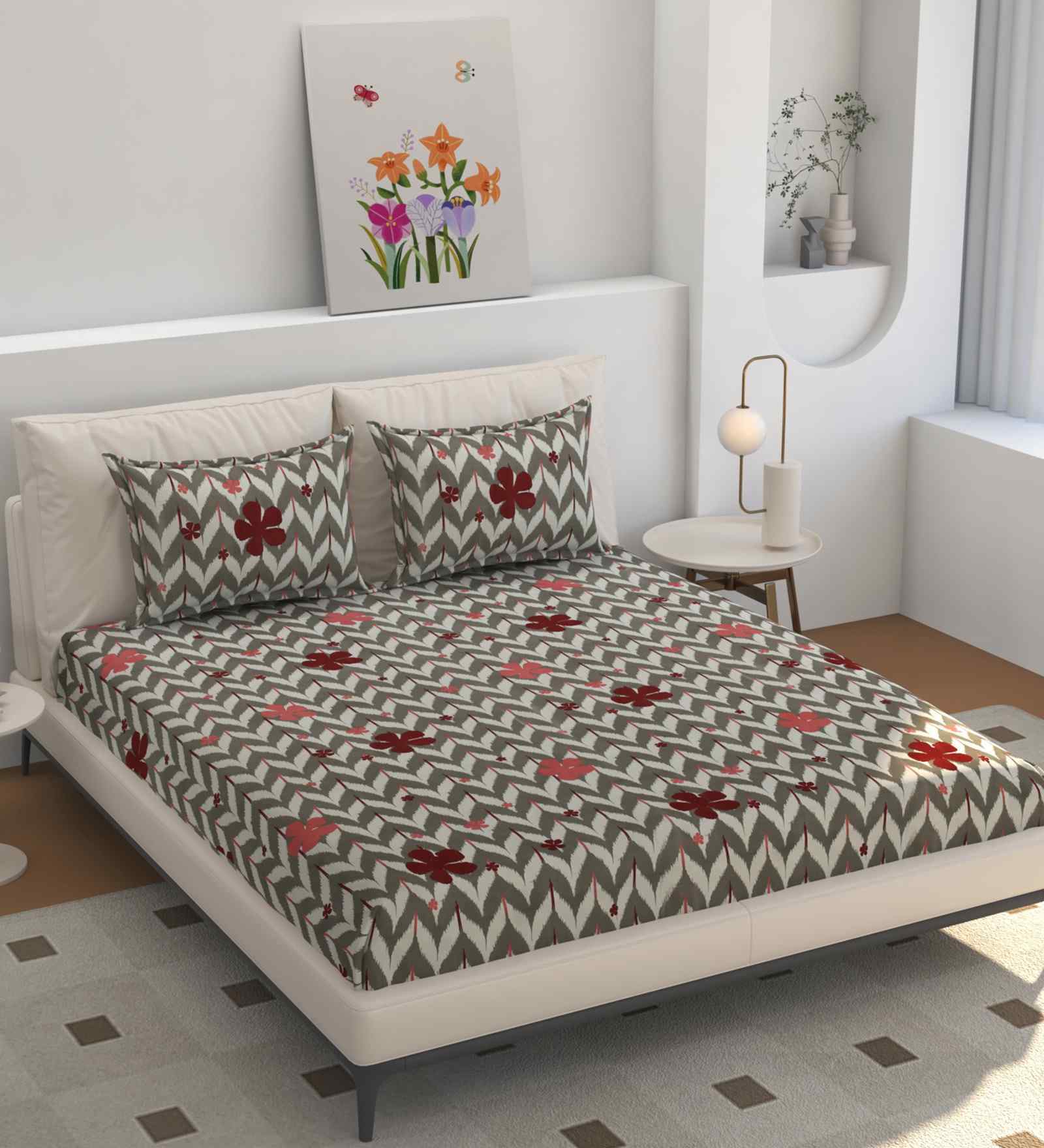 Microfiber Geometric Fitted Bedsheet with 2 Pillow Covers