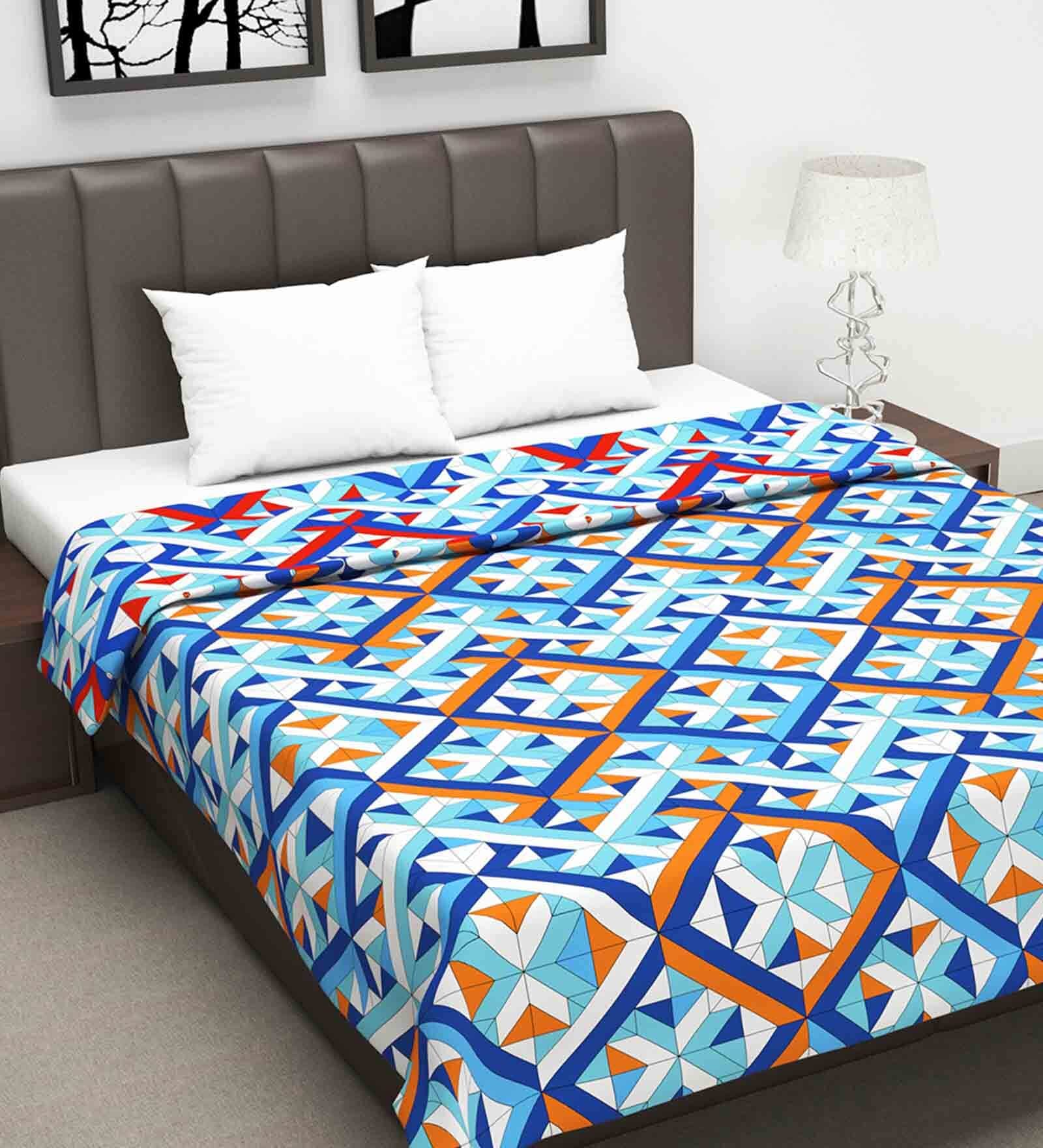 Microfiber Reversible 120 GSM Geometric Print Sky Blue and Orange Double Bed AC Dohar Quilt Blanket