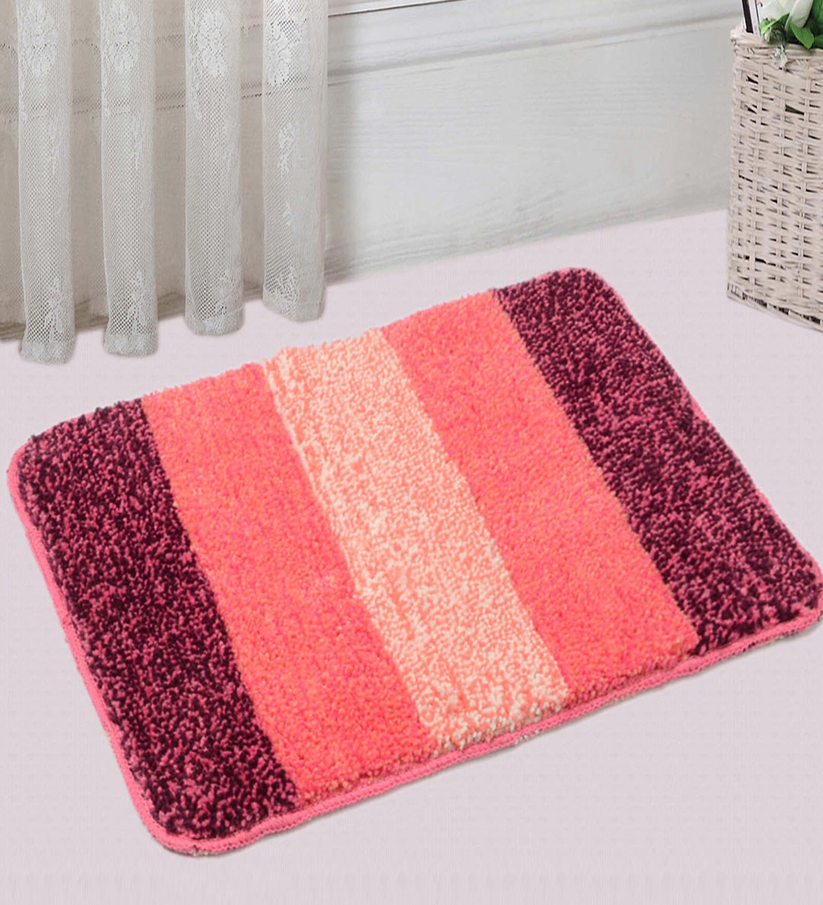 Pink Geometric Microfibre 20x14 Inches AntiSkid Bath Mat (Set of 2)