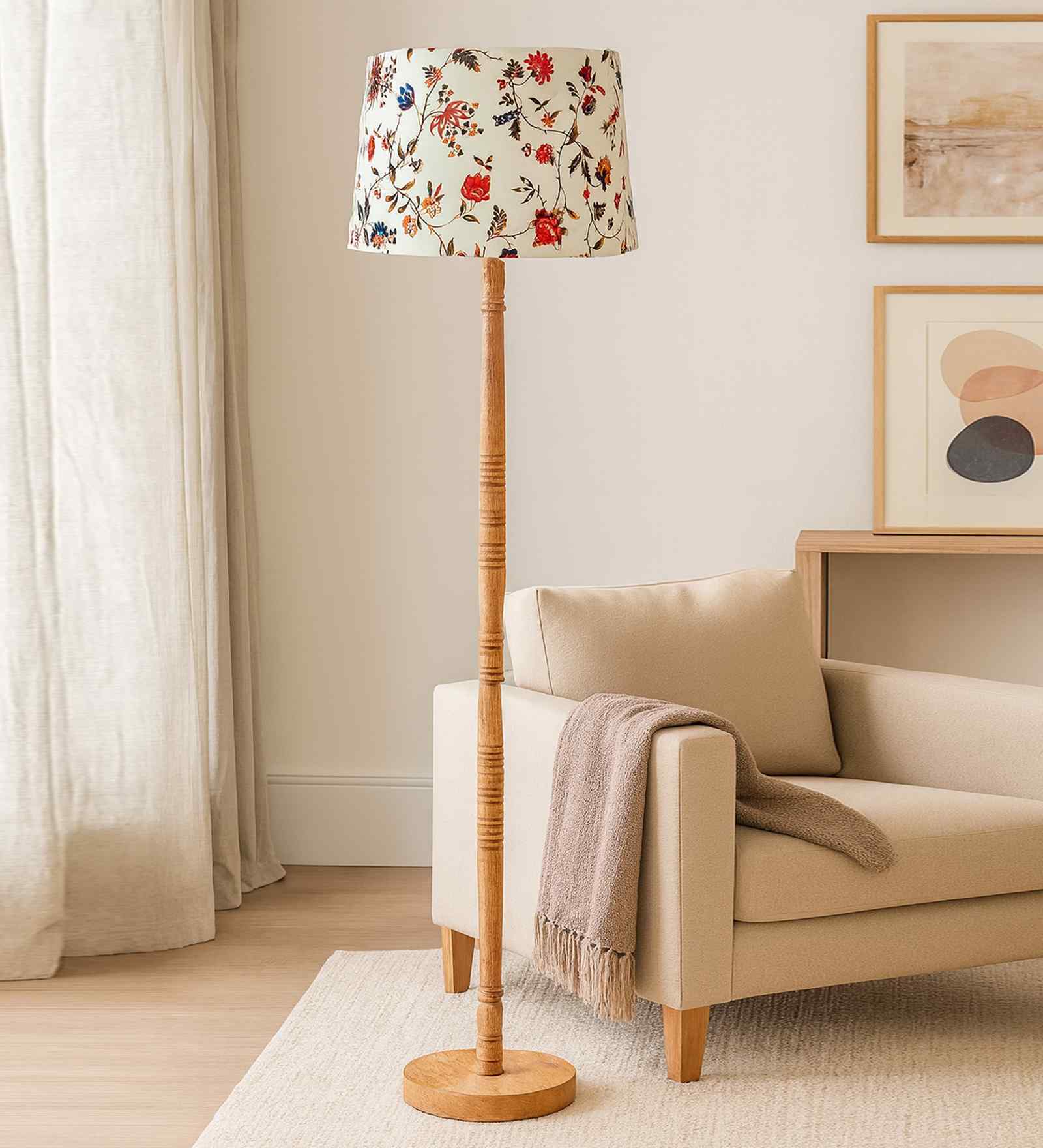 Mid Century Modern Floor Lamp, Hand-turned Wood, Fabric Lampshade, Vine and Flowers