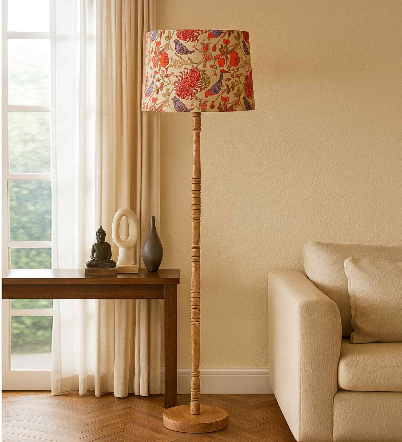 Mid Century Modern Floor Lamp, Hand-turned Wood, Fabric Lampshade