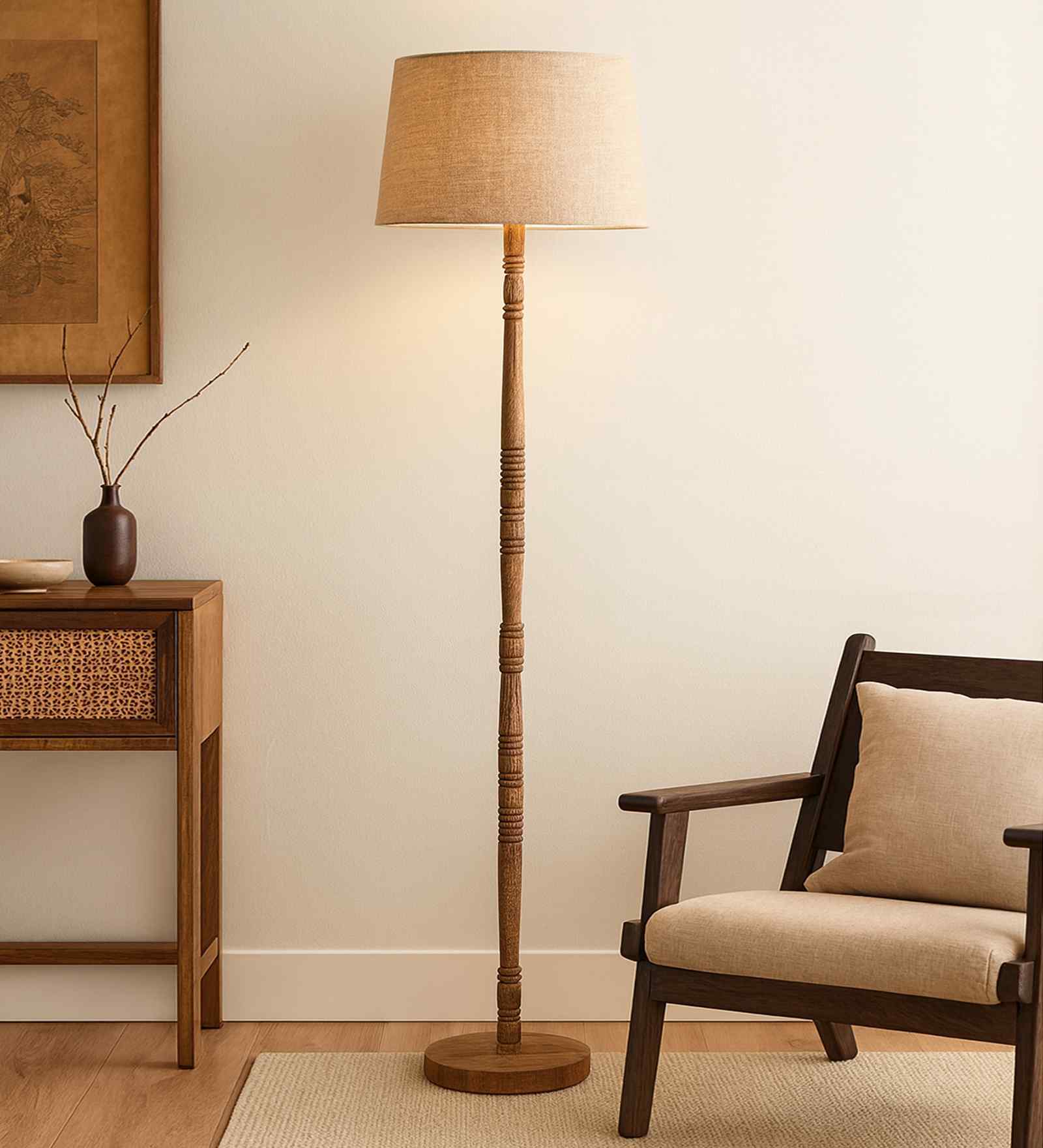 Mid Century Modern Floor Lamp, Hand-turned Wood Jute