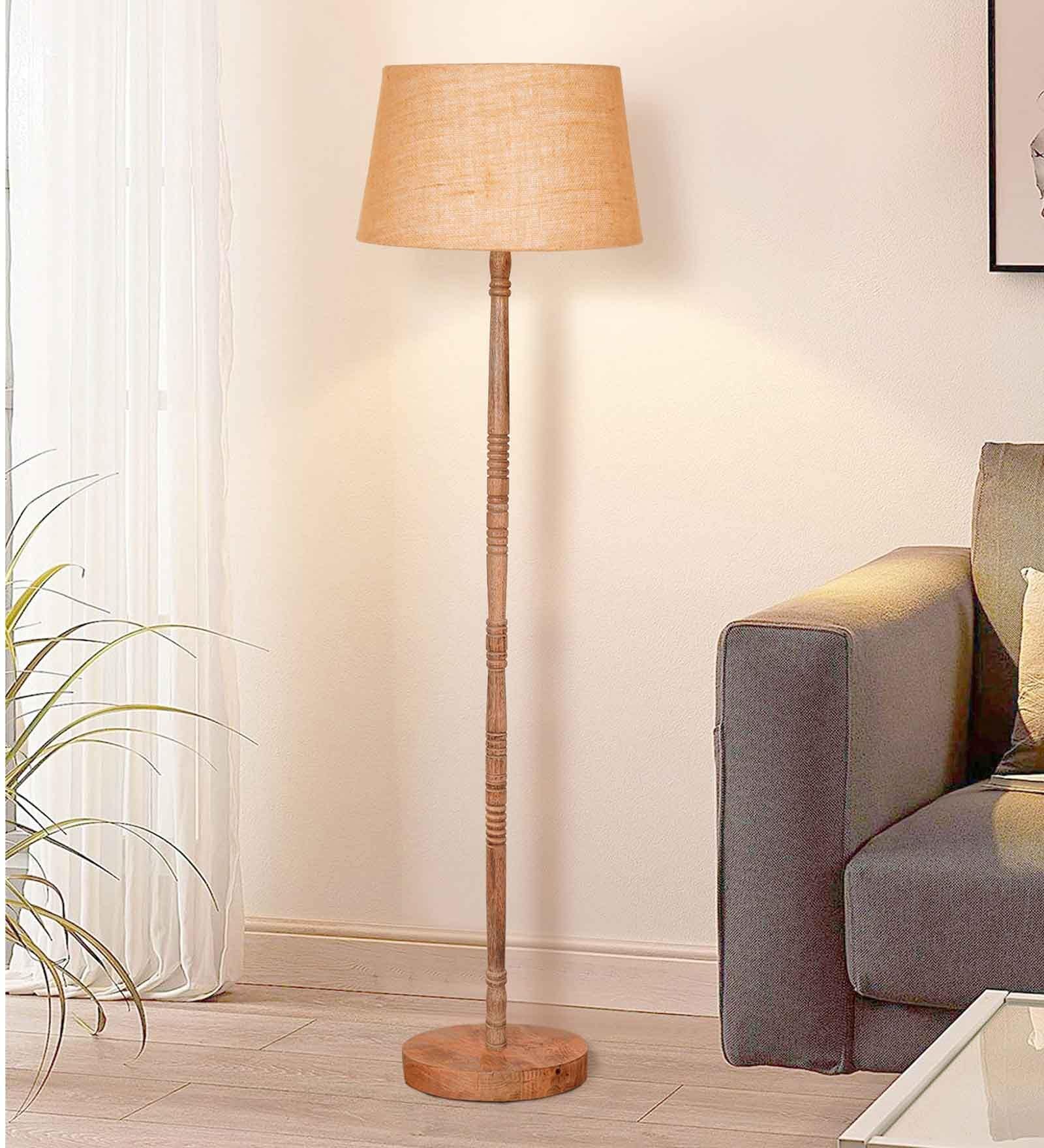 Mid Century Modern Floor Lamp, Hand-turned Wood, Off-White