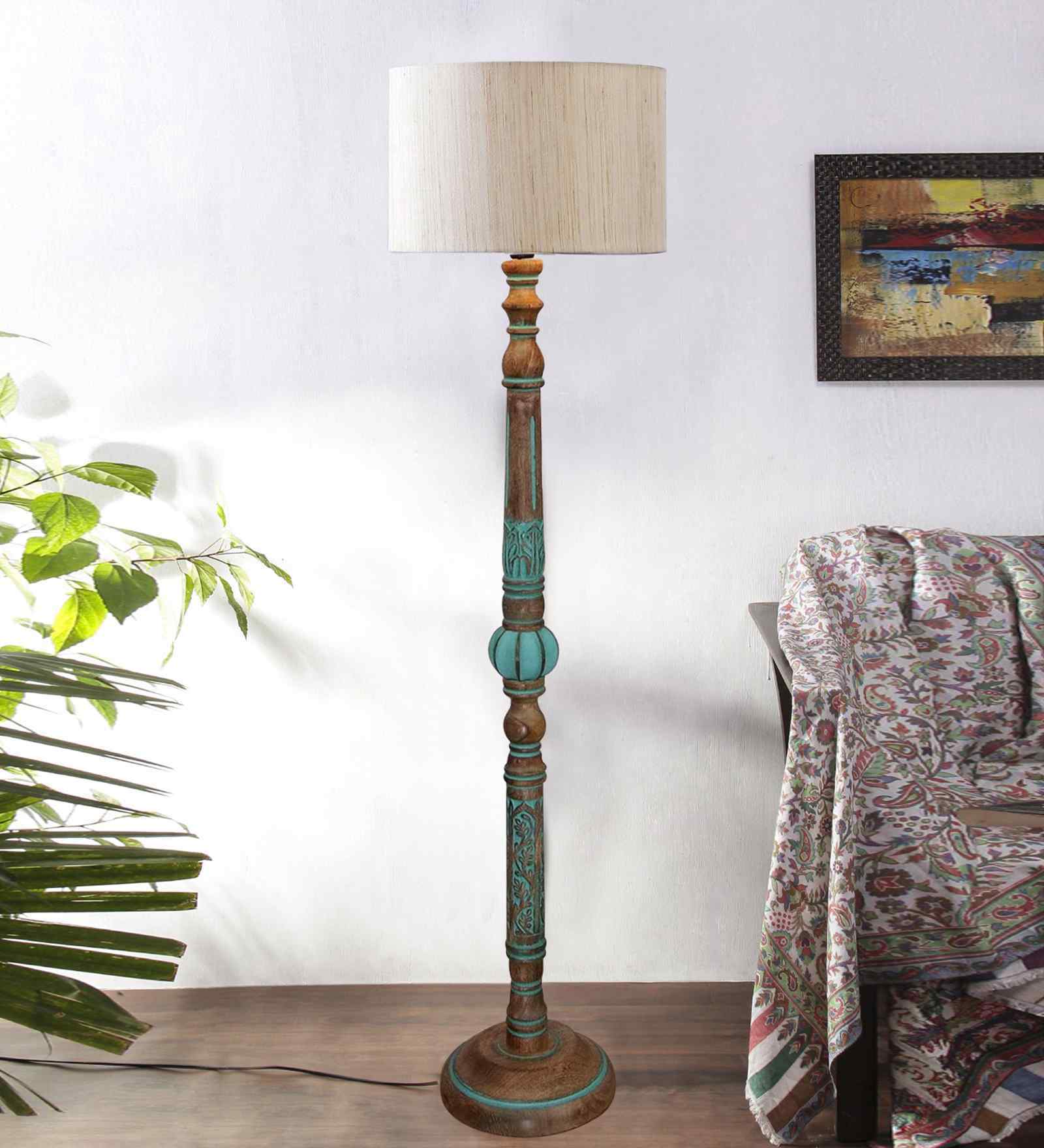 Off-White Mid Century Modern Floor Lamp,Hand Turned Floor Lamp Wood