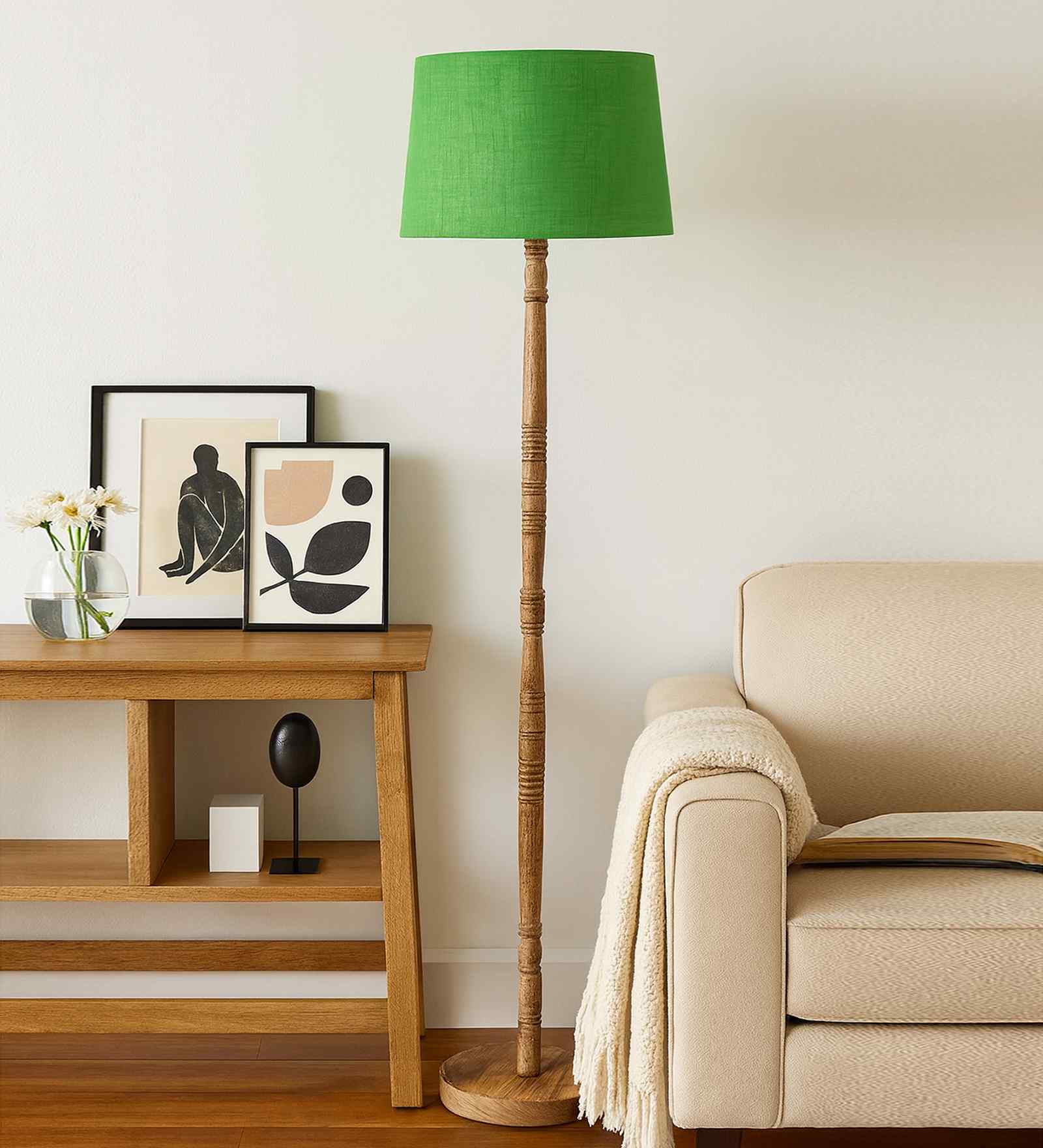 Mid Century Modern Floor Lamp Wooden Stand with Fabric Lampshade Green