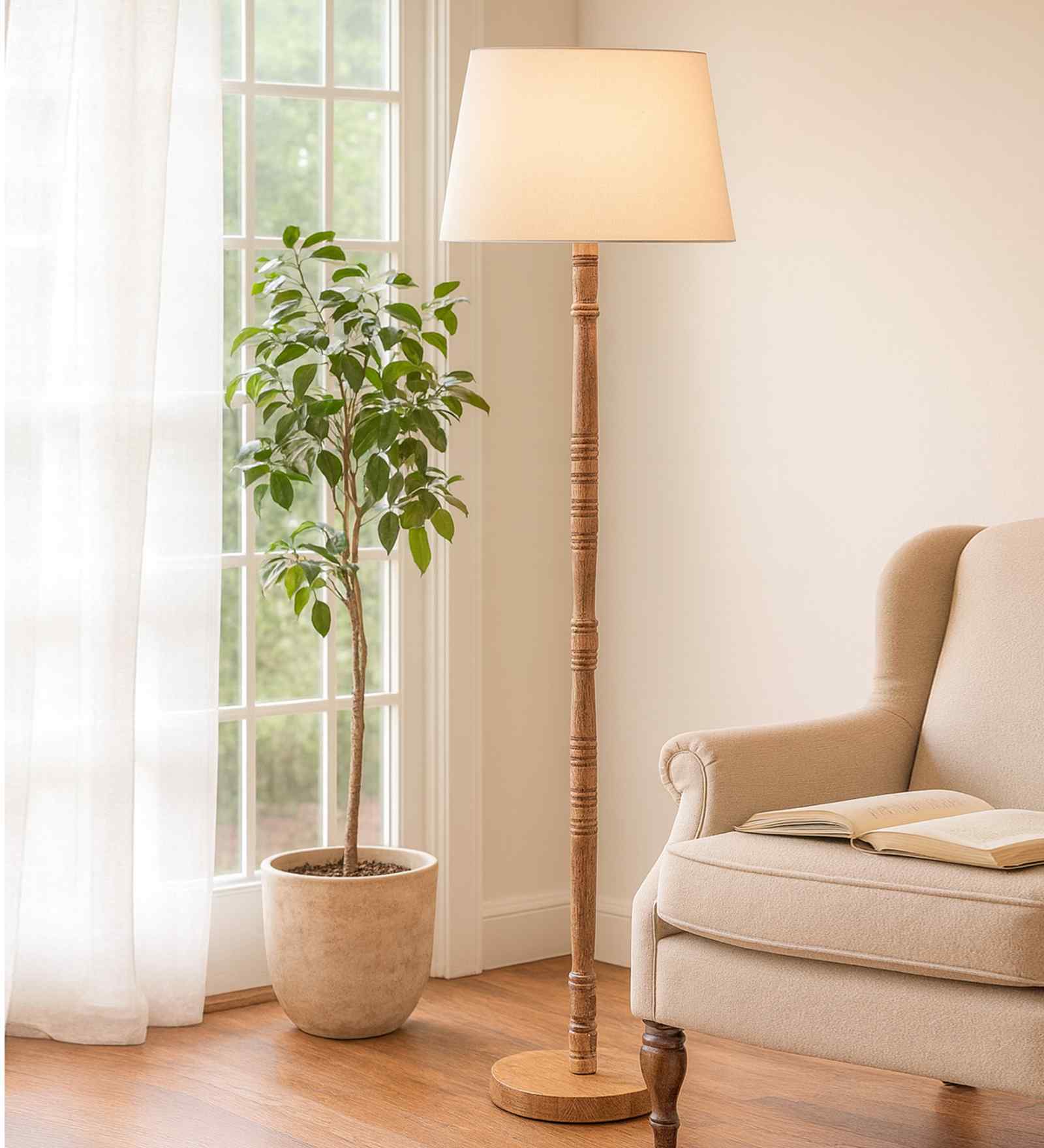 Mid Century Modern Floor Wooden Lamp with Fabric Lampshade, White