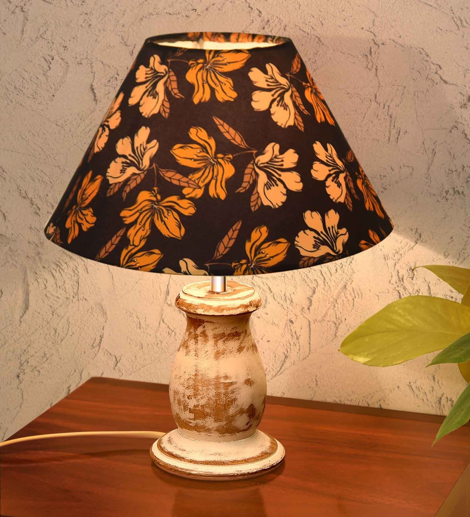 Mid Century Single Table Lamp with White-Wash Finish and Iris Cone Shade